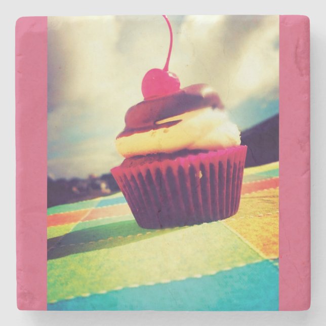 Colourful Cupcake with Cherry on Top Stone Coaster (Front)