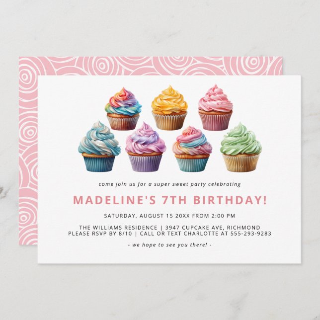 Colourful Cupcakes | Cute Kids Girls Birthday Part Invitation (Front/Back)