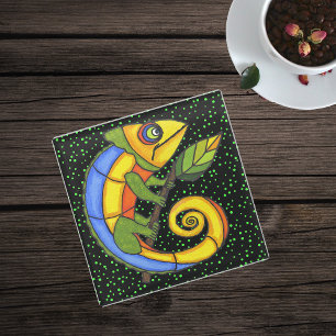 Colourful Curled Tailed Lizard Big Circle Eyes Glass Coaster