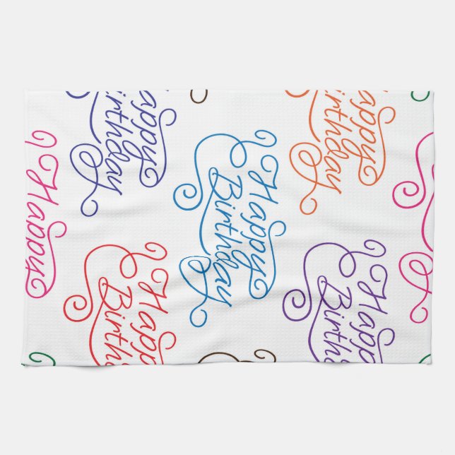 Colourful Cursive Happy Birthday Pattern Tea Towel (Horizontal)