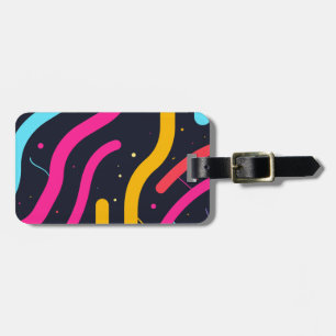 Colourful curved forms on black luggage tag