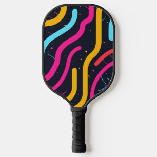 Colourful curved forms on black pickleball paddle