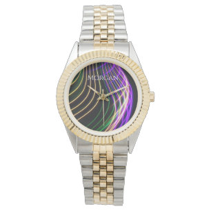 Colourful Curved Light on Black, DIY Name White Watch