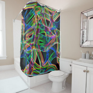 Colourful curved tapes, highlighted by relief shower curtain