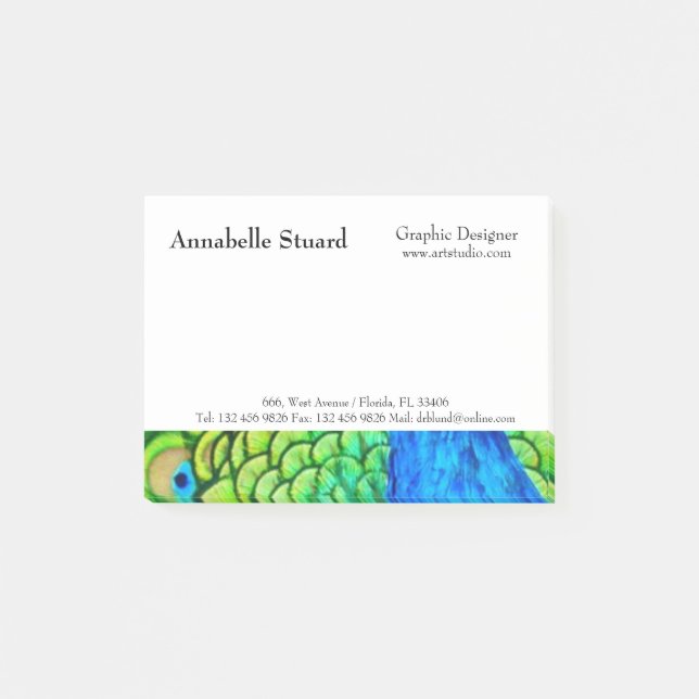Colourful custom business information peacock post-it notes (Front)
