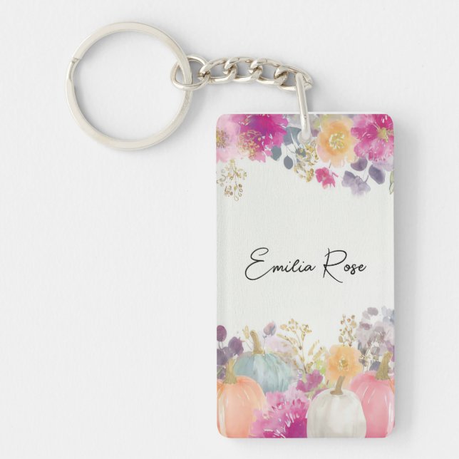 colourful Custom Pumpkin and Flowers Design Key Ring (Front)