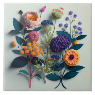 Colourful Cut Paper Flowers Ceramic Tile
