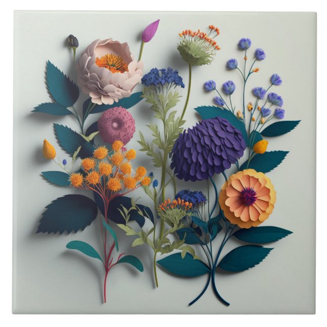 Colourful Cut Paper Flowers Ceramic Tile (Front)