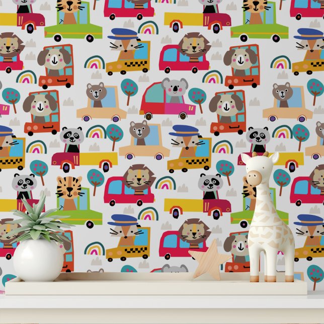 Colourful Cute Animals Cars Vehicles Kids Pattern Wallpaper (Creator Uploaded)