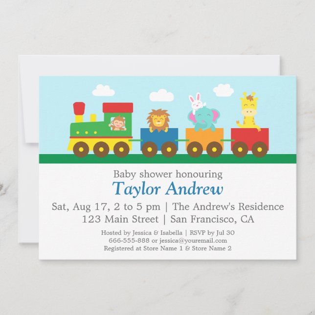 Colourful Cute Animals Train Baby Shower Party Invitation (Front)