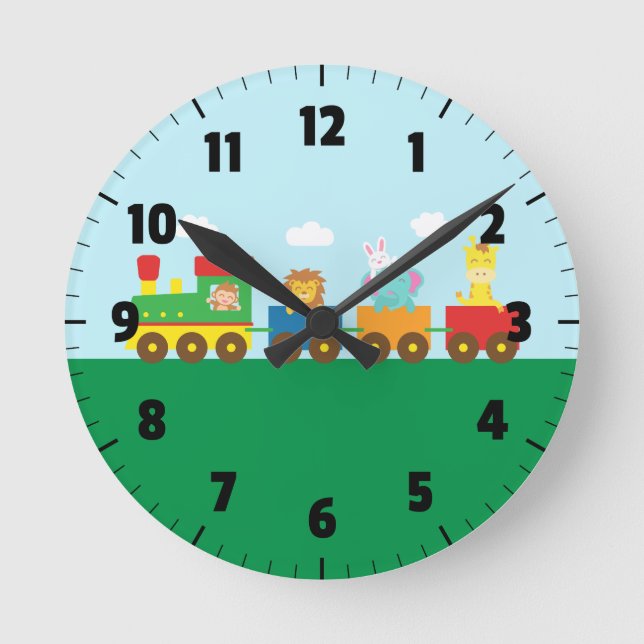 Colourful Cute Animals Train for Kids Bedroom Round Clock (Front)