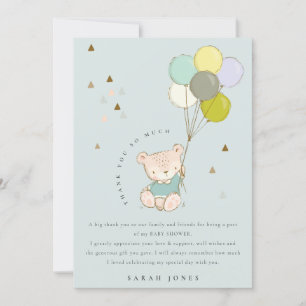 Colourful Cute Aqua Blue Bear Balloons Baby Shower Thank You Card