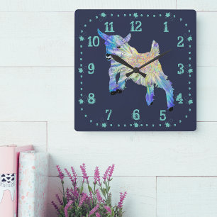Colourful Cute Baby Goat Jumping Funky Animal Art Square Wall Clock