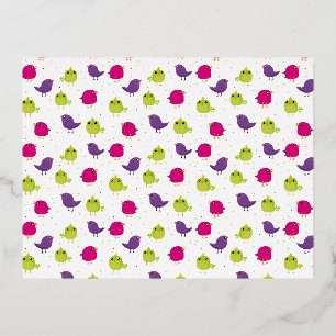 Colourful Cute Birds Pattern Foil Holiday Postcard