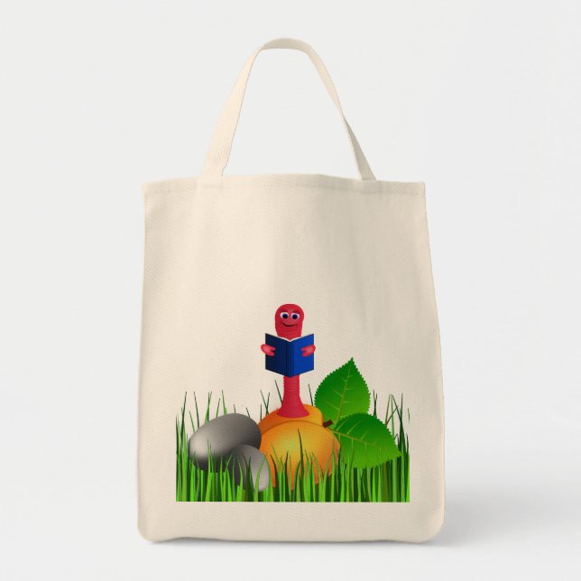 Colourful Cute Bookworm or Book Worm in the Grass Tote Bag (Front)