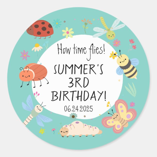 Colourful Cute Bugs Kids Birthday  Classic Round Sticker (Front)