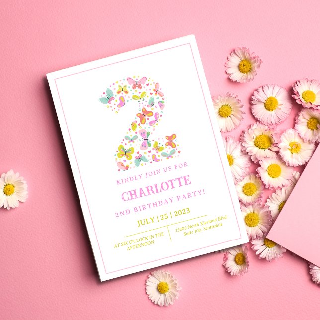Colourful Cute Butterfly 2nd Birthday Invitation (Creator Uploaded)