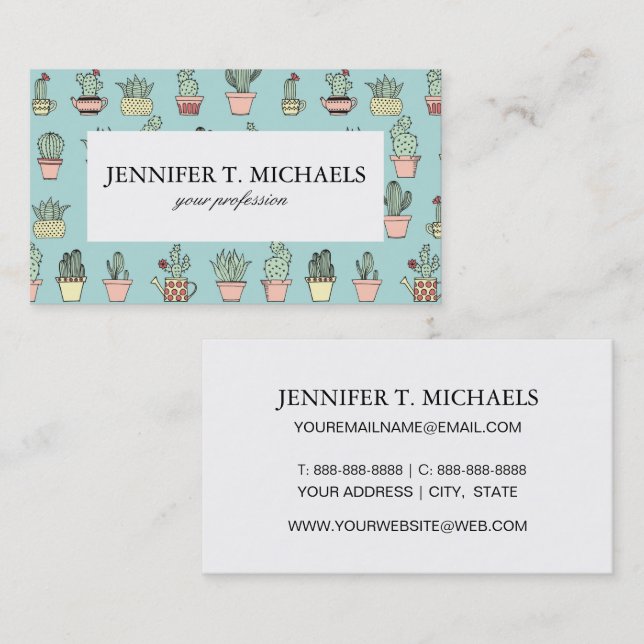 Colourful Cute Cactus In Hand Drawn Style Pattern Business Card (Front/Back)