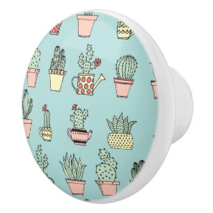 Colourful Cute Cactus In Hand Drawn Style Pattern Ceramic Knob