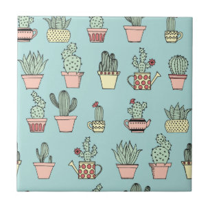 Colourful Cute Cactus In Hand Drawn Style Pattern Ceramic Tile