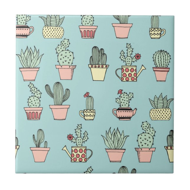 Colourful Cute Cactus In Hand Drawn Style Pattern Ceramic Tile (Front)