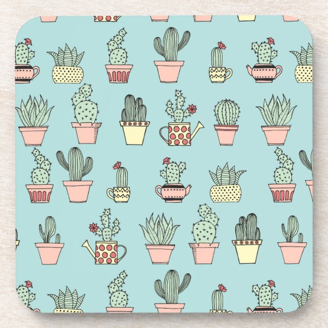 Colourful Cute Cactus In Hand Drawn Style Pattern Coaster (Front)