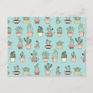 Colourful Cute Cactus In Hand Drawn Style Pattern Postcard
