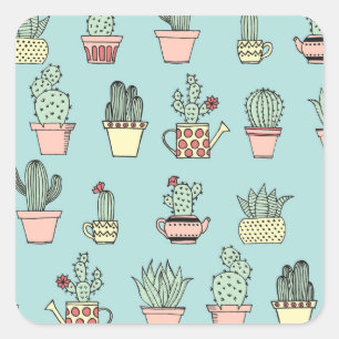 Colourful Cute Cactus In Hand Drawn Style Pattern Square Sticker
