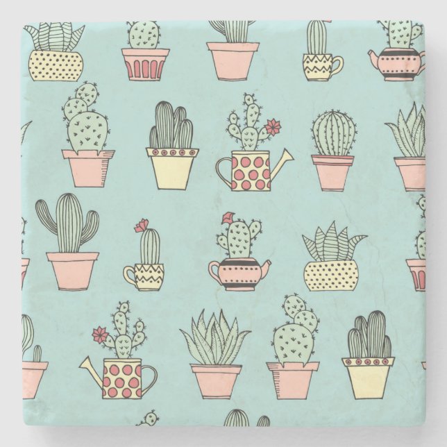 Colourful Cute Cactus In Hand Drawn Style Pattern Stone Coaster (Front)