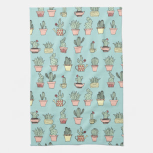 Colourful Cute Cactus In Hand Drawn Style Pattern Tea Towel