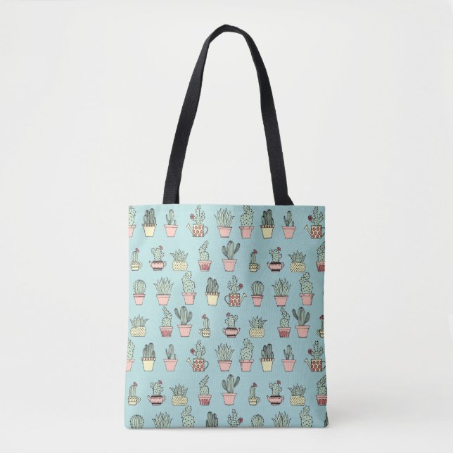 Colourful Cute Cactus In Hand Drawn Style Pattern Tote Bag (Front)