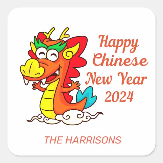 Colourful Cute Cartoon Dragon Chinese New Year  Square Sticker (Front)