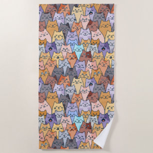 Colourful Cute Cat Crowd Pattern Whimsical Cat Fac Beach Towel