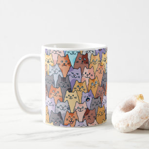 Colourful Cute Cat Crowd Pattern Whimsical Cat Fac Coffee Mug