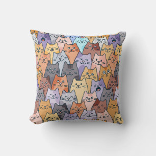 Colourful Cute Cat Crowd Pattern Whimsical Cat Fac Cushion