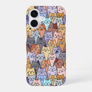 Colourful Cute Cat Crowd Pattern Whimsical Cat Fac iPhone 16 Case