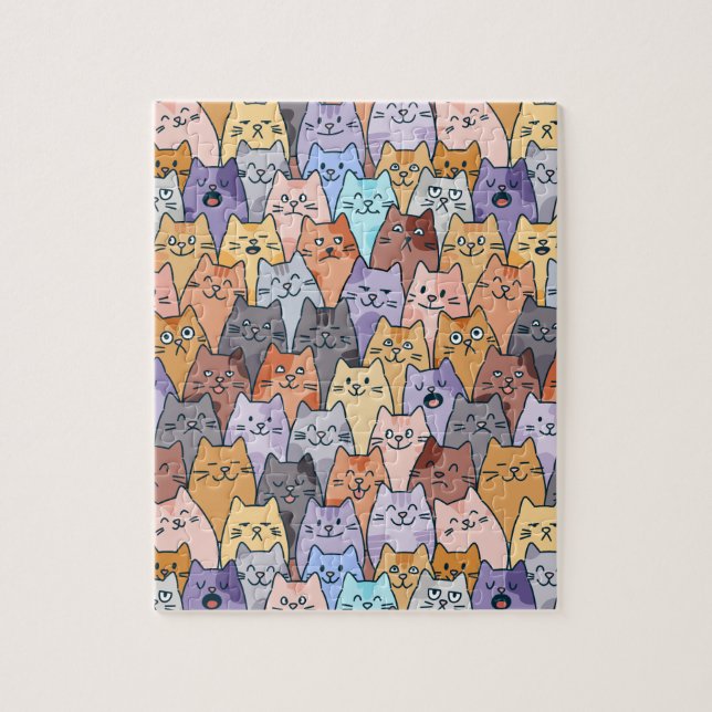Colourful Cute Cat Crowd Pattern Whimsical Cat Fac Jigsaw Puzzle (Vertical)