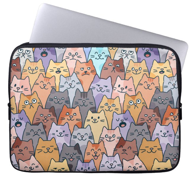 Colourful Cute Cat Crowd Pattern Whimsical Cat Fac Laptop Sleeve (Front)