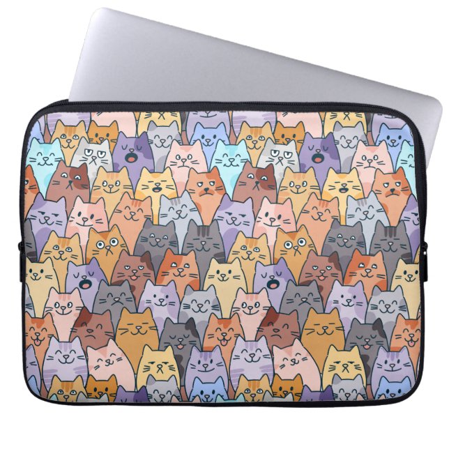 Colourful Cute Cat Crowd Pattern Whimsical Cat Fac Laptop Sleeve (Front)
