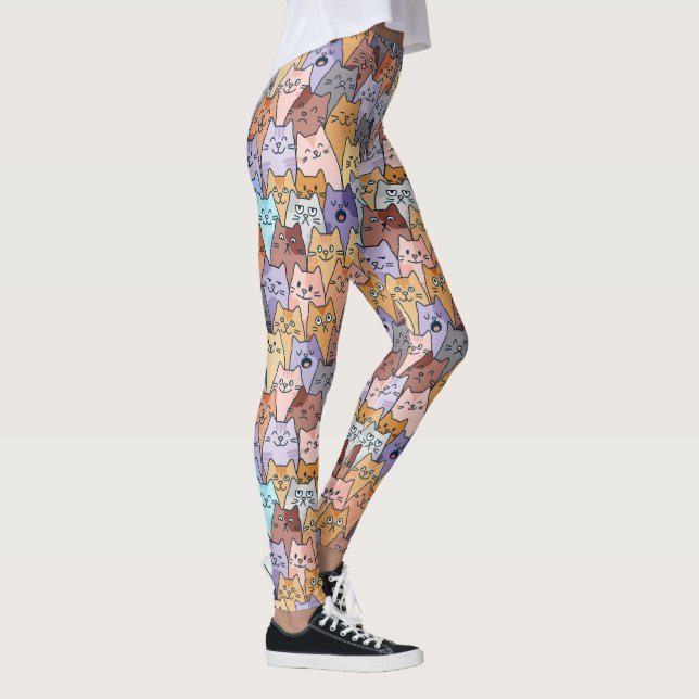 Colourful Cute Cat Crowd Pattern Whimsical Cat Fac Leggings (Right)
