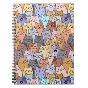 Colourful Cute Cat Crowd Pattern Whimsical Cat Fac Notebook