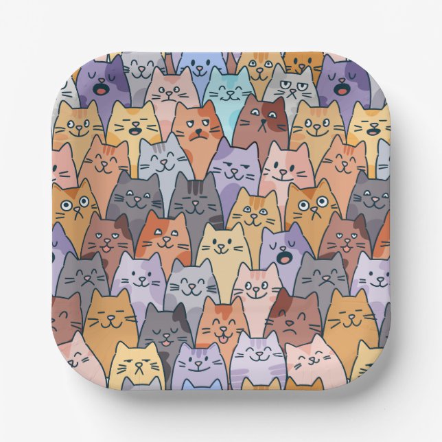 Colourful Cute Cat Crowd Pattern Whimsical Cat Fac Paper Plate (Front)