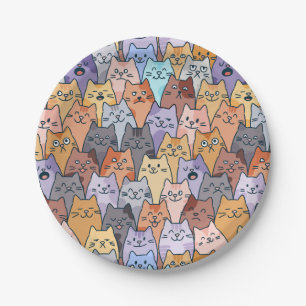 Colourful Cute Cat Crowd Pattern Whimsical Cat Fac Paper Plate