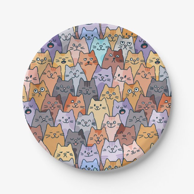 Colourful Cute Cat Crowd Pattern Whimsical Cat Fac Paper Plate (Front)
