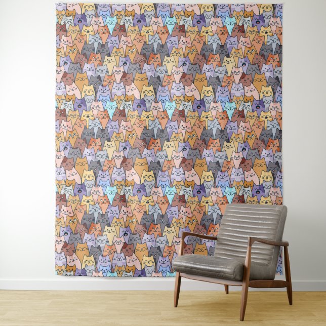 Colourful Cute Cat Crowd Pattern Whimsical Cat Fac Tapestry (In Situ)