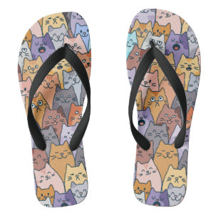 Colourful Cute Cat Crowd Pattern Whimsical Cat Fac Thongs