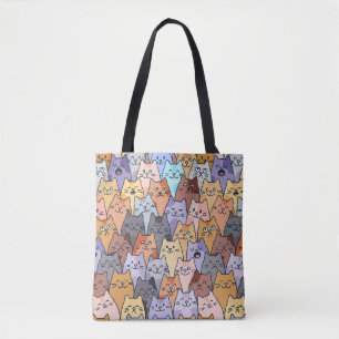 Colourful Cute Cat Crowd Pattern Whimsical Cat Fac Tote Bag