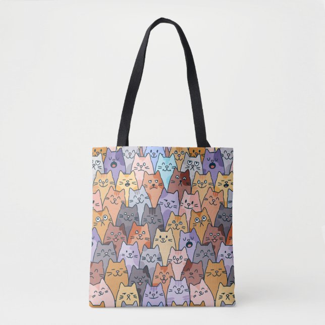 Colourful Cute Cat Crowd Pattern Whimsical Cat Fac Tote Bag (Front)