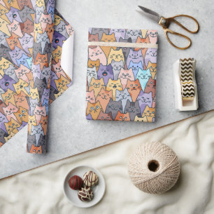 Colourful Cute Cat Crowd Pattern Whimsical Cat Fac Wrapping Paper