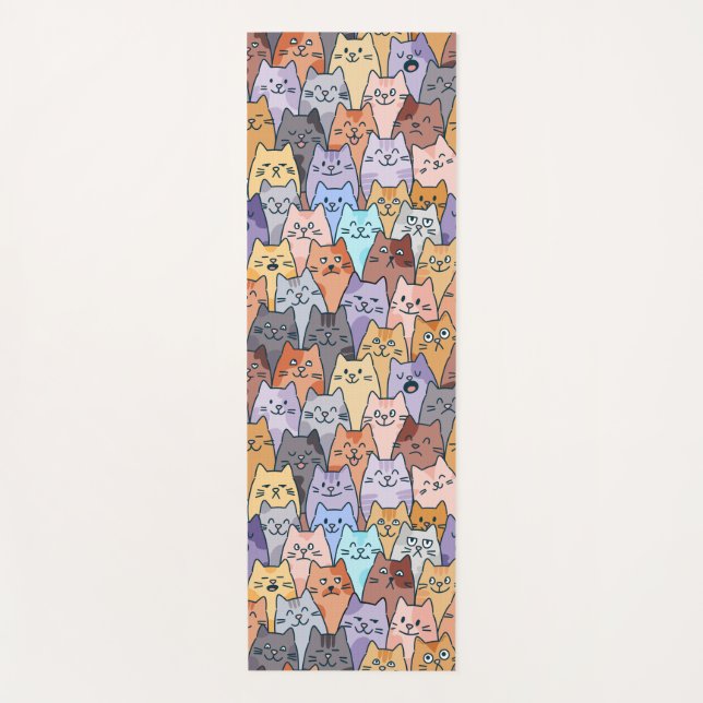 Colourful Cute Cat Crowd Pattern Whimsical Cat Fac Yoga Mat (Front)